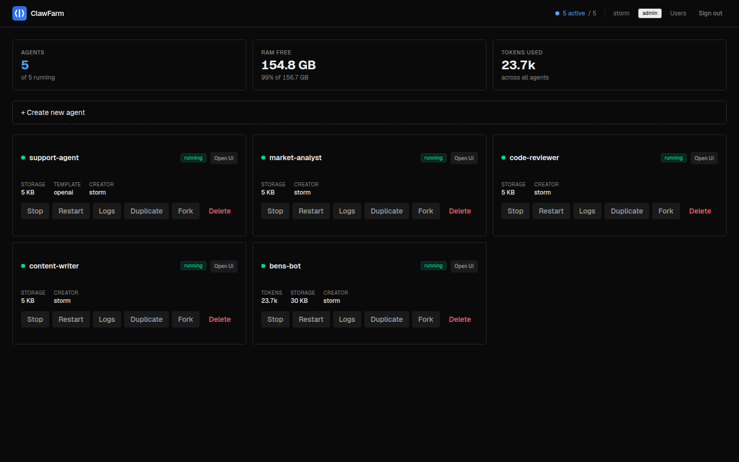 ClawFarm dashboard showing three running AI agents with status, token usage, and management controls
