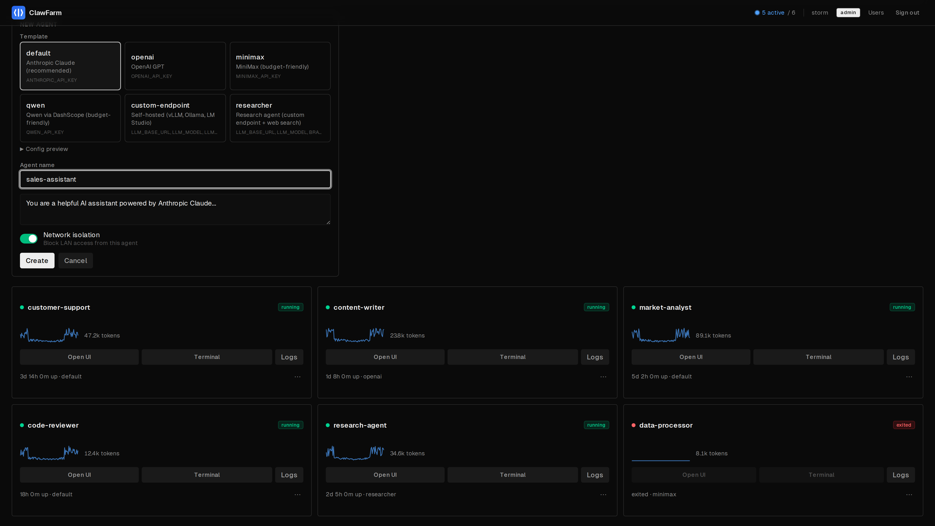Creating a new agent with template selection and personality configuration