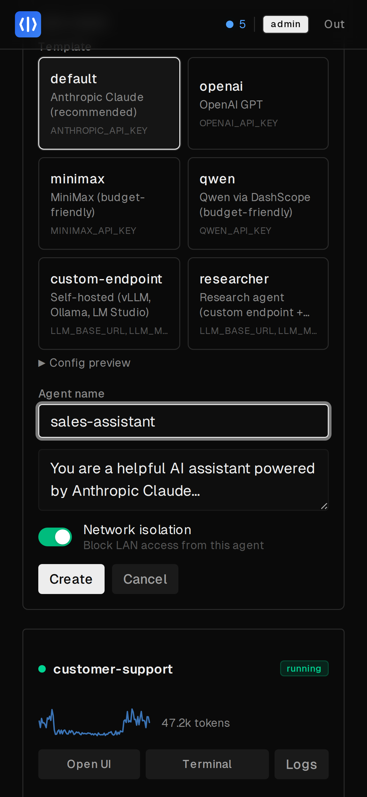 ClawFarm mobile create agent