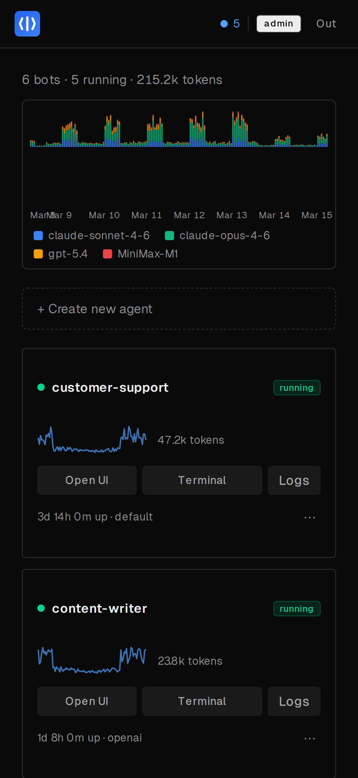 ClawFarm mobile dashboard showing fleet management