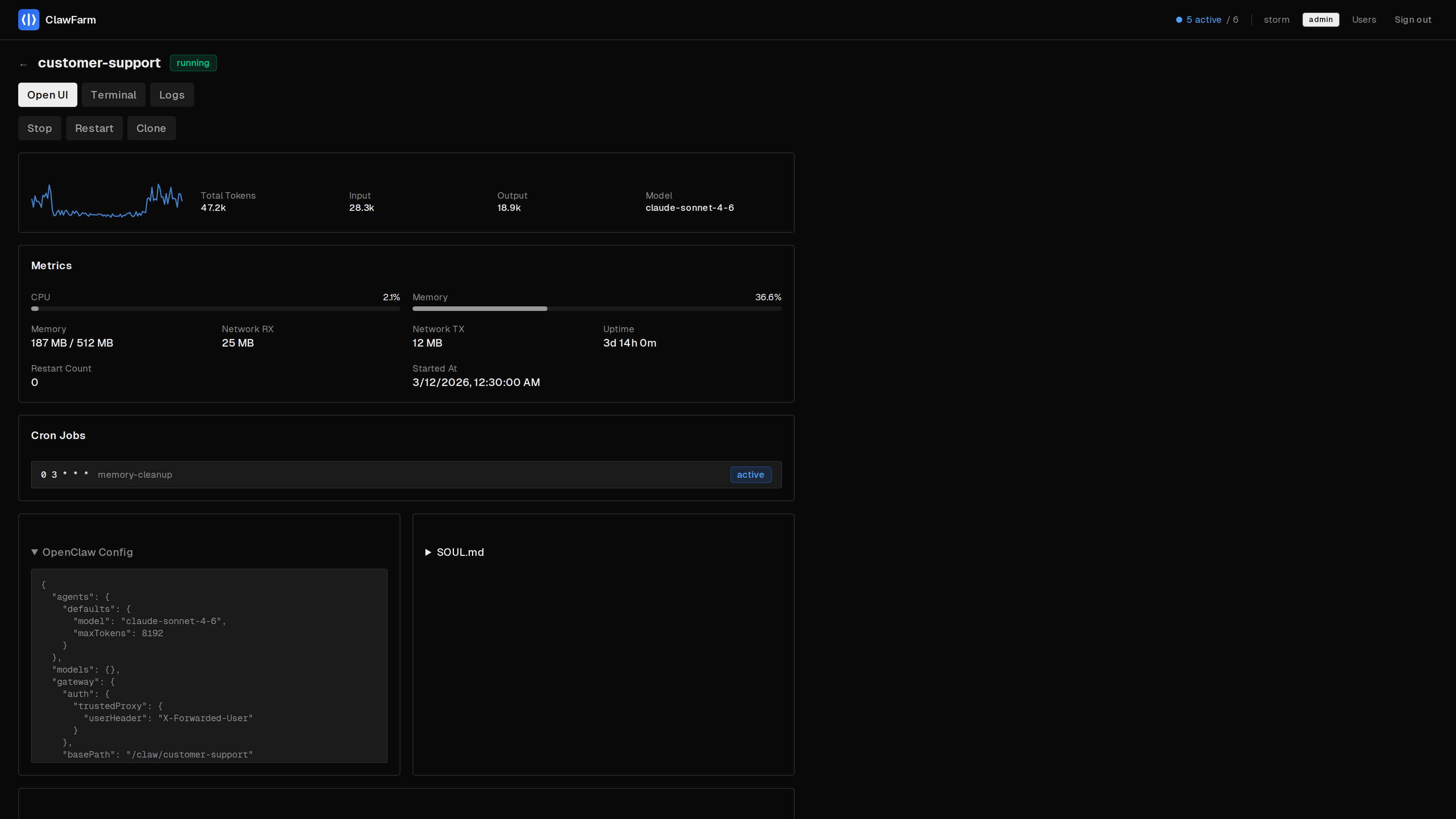 Agent detail page with live metrics, token usage, cron jobs, and backups