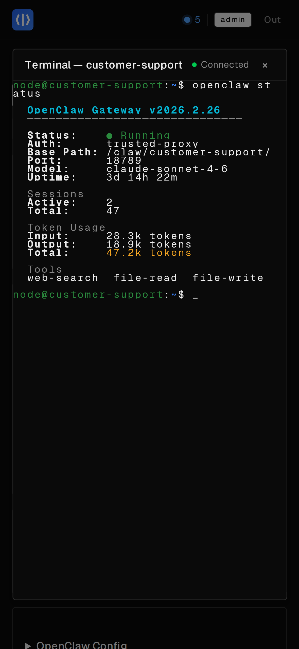 ClawFarm mobile web terminal